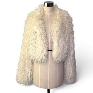 Fashion Nova Cream faux Mongolian fur cropped jacket in size M